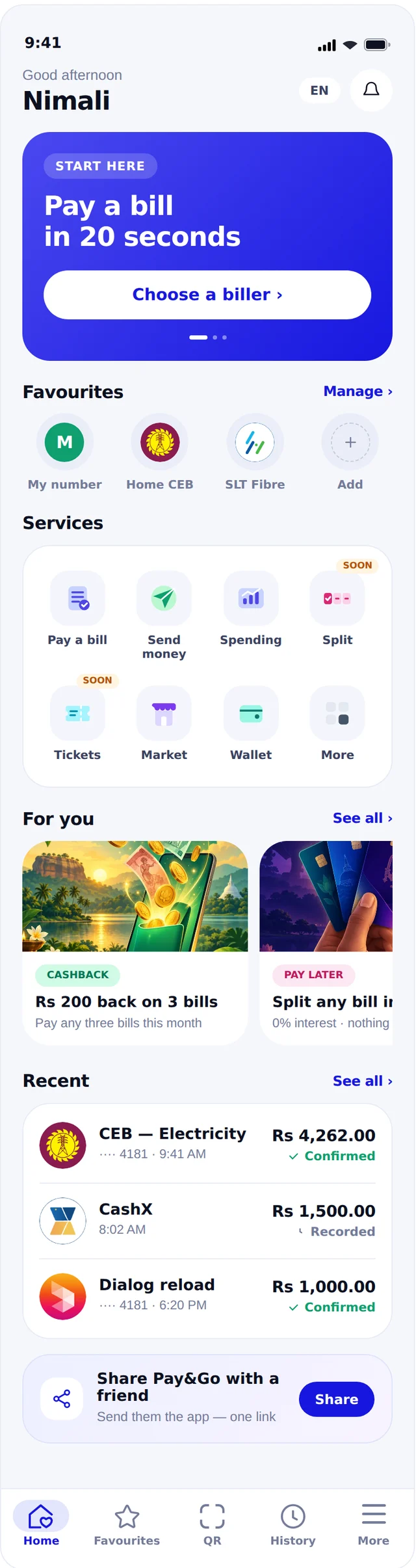 The app home screen, with Market among the services