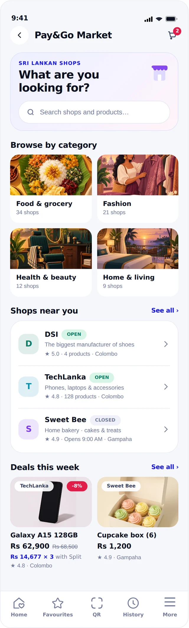 The Market screen, showing categories and the shops nearest the customer