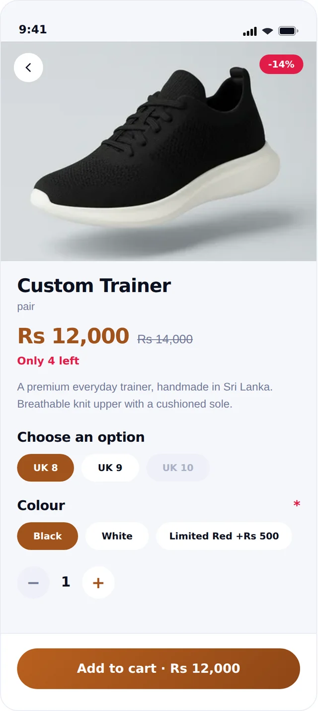 A product page in the app, showing price and stock