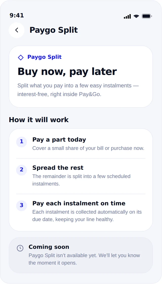 The Pay&Go Split screen in the app, offering to pay in parts